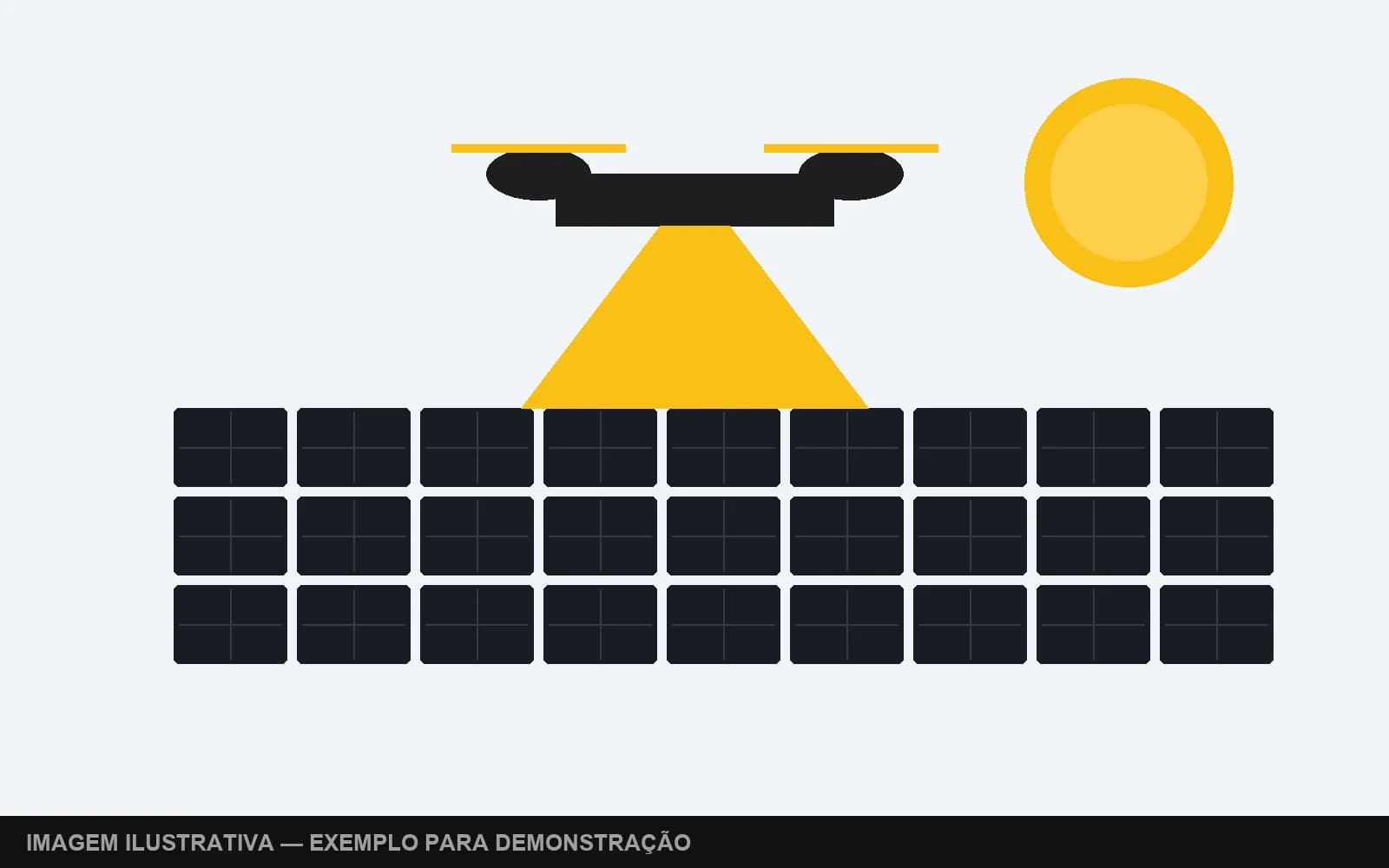 Ilustração de drone inspecionando módulos fotovoltaicos — exemplo para demonstração