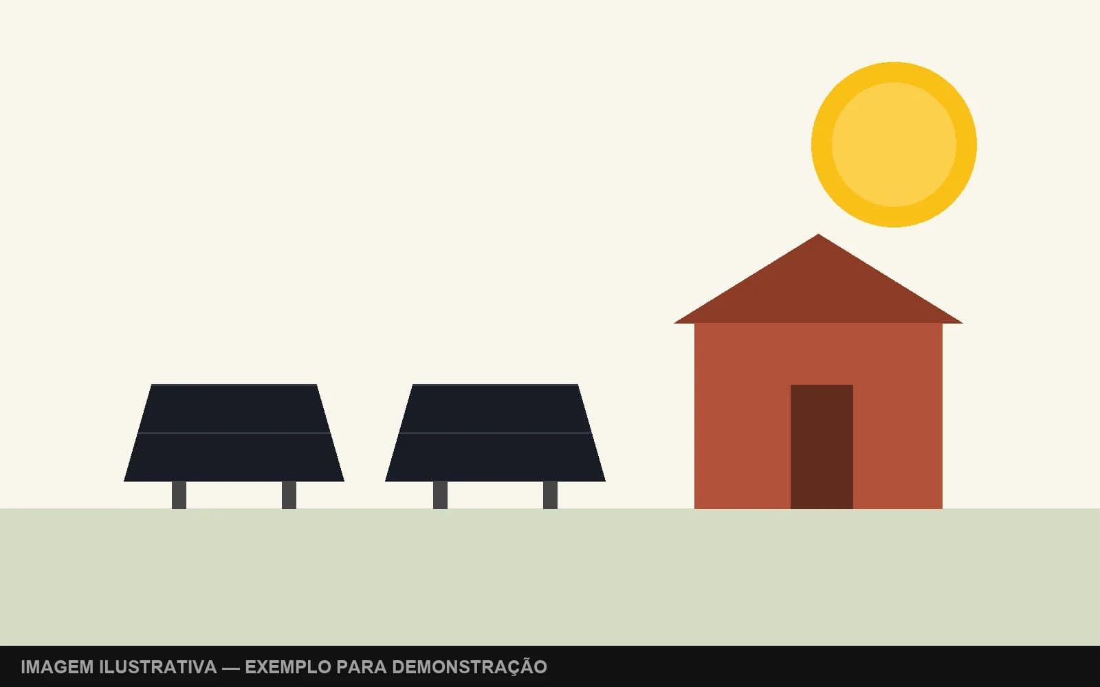 Ilustração de propriedade rural com módulos fotovoltaicos em estrutura de solo — exemplo para demonstração